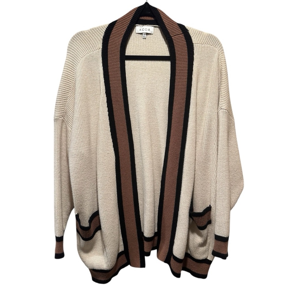 Acoa Cream and Brown Oversized Varsity Sweater Size Small
